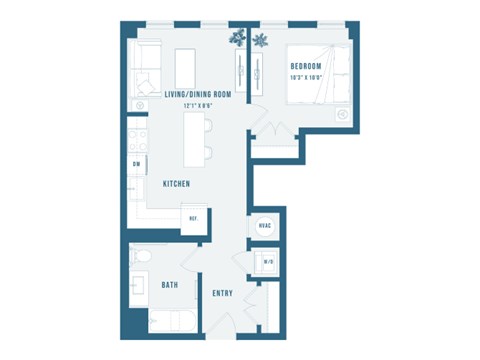 Floor plan for 1 bed, 1 bath, 597 sqft